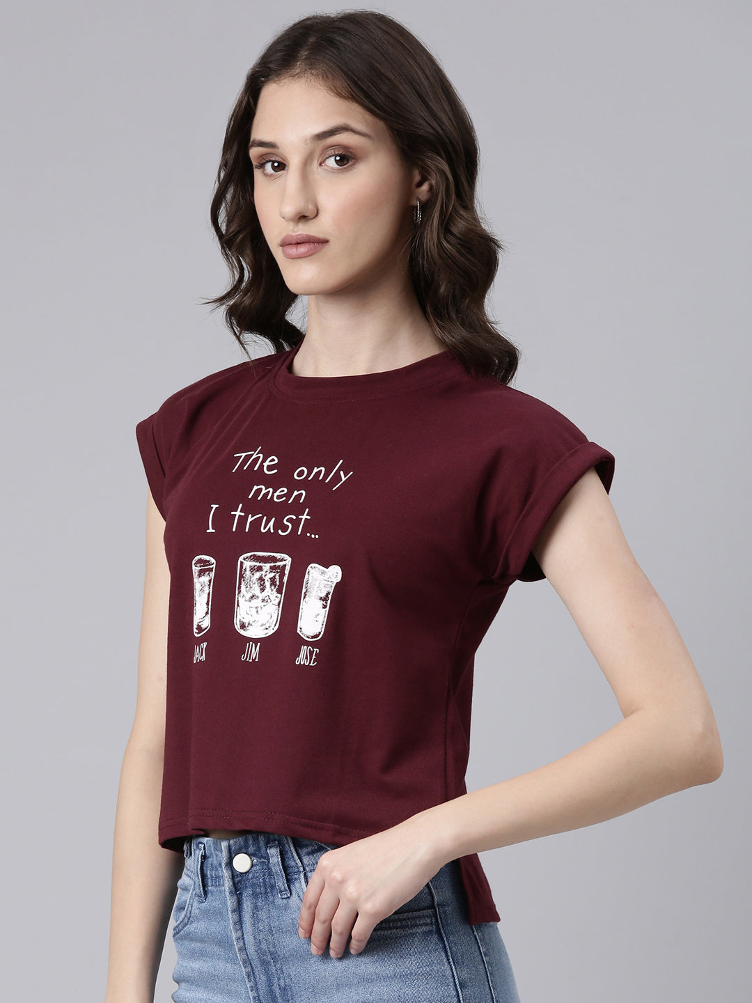 Women Maroon Typographic Slim Fit Tshirt