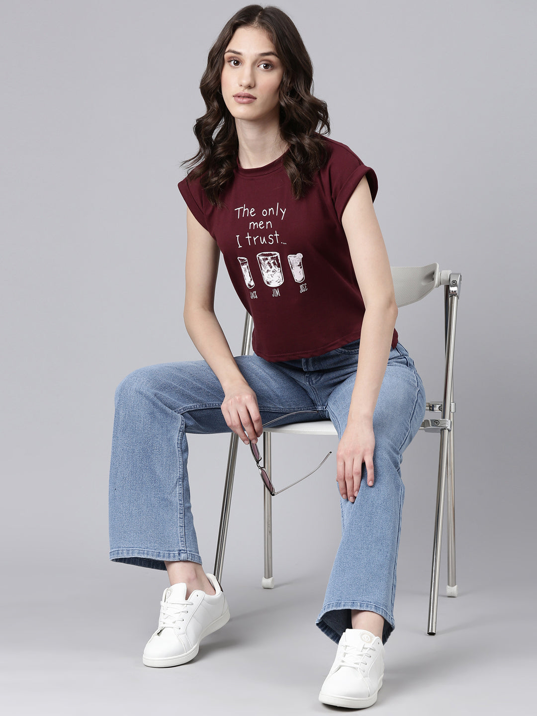 Women Maroon Typographic Slim Fit Tshirt