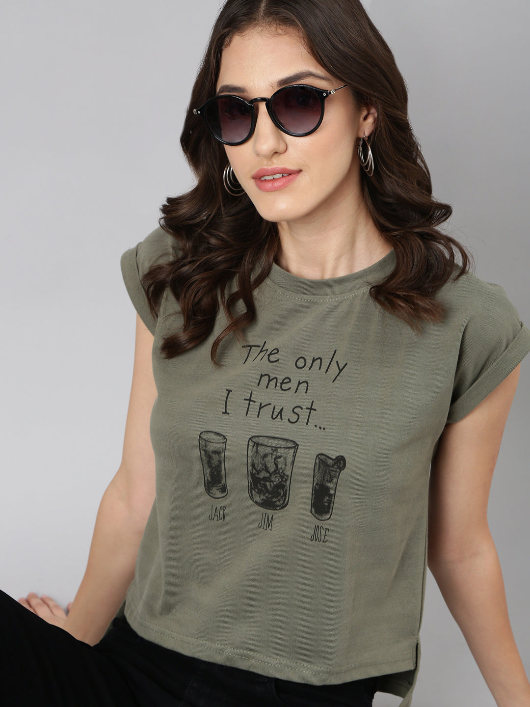 Women Olive Typographic Slim Fit Tshirt