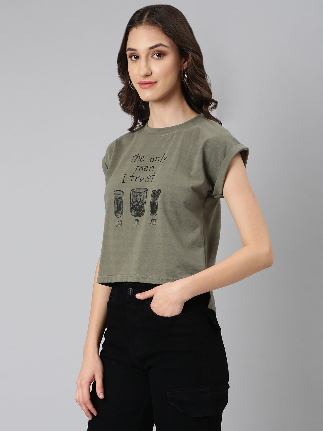 Women Olive Typographic Slim Fit Tshirt