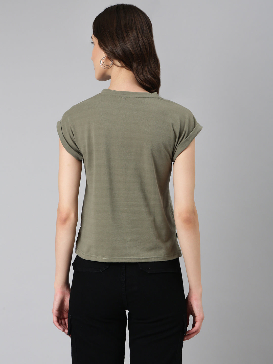 Women Olive Typographic Slim Fit Tshirt