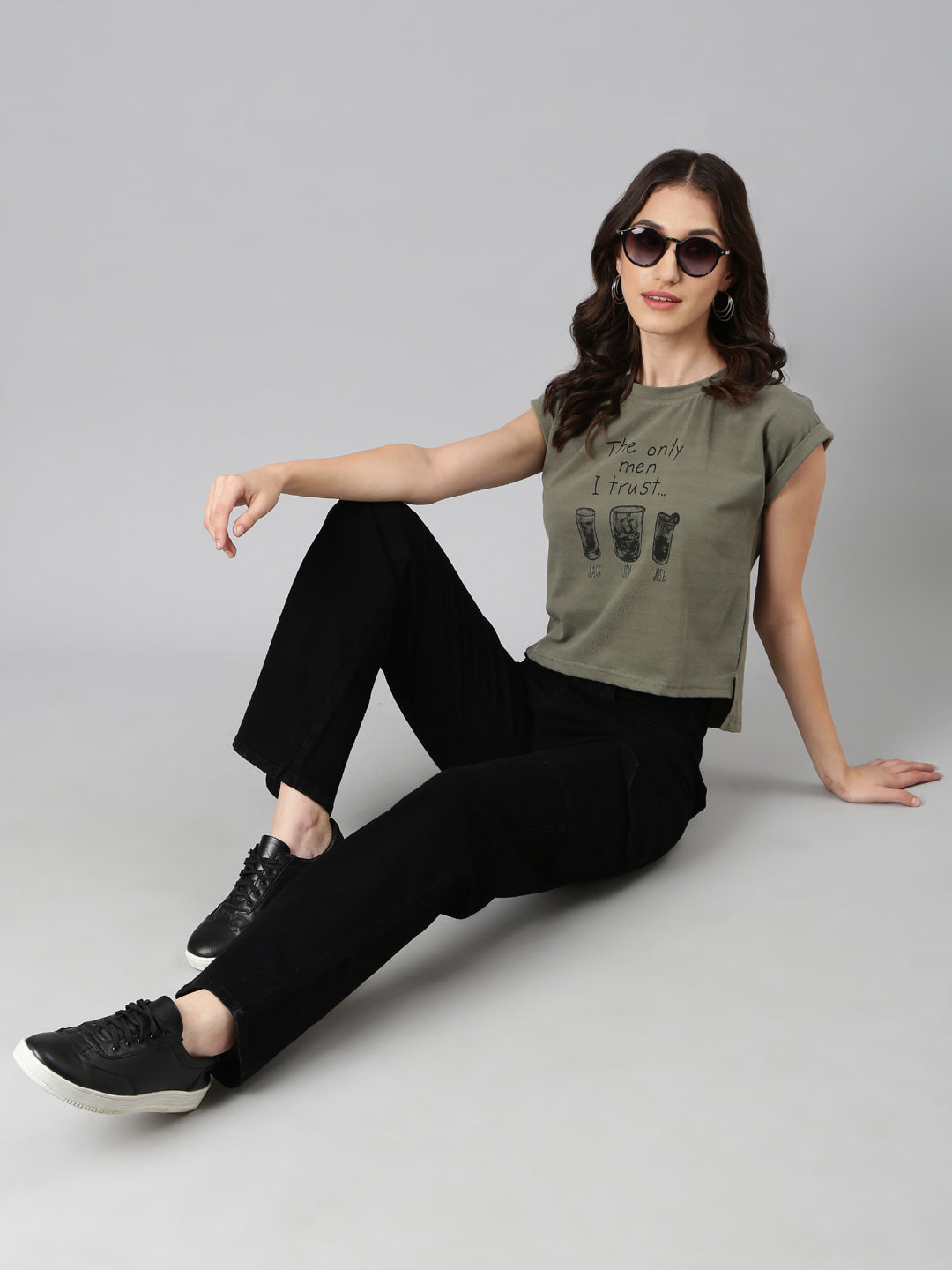 Women Olive Typographic Slim Fit Tshirt