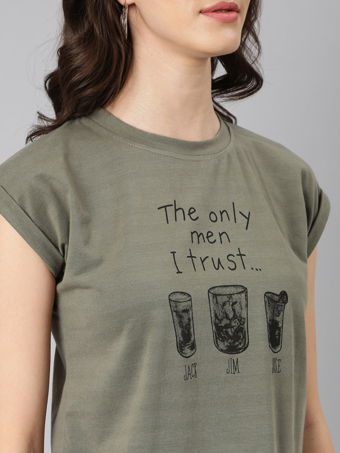 Women Olive Typographic Slim Fit Tshirt