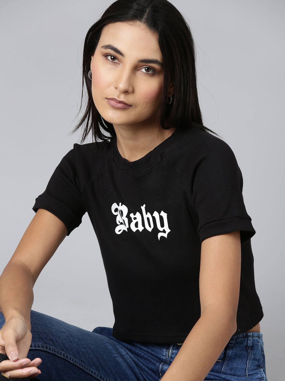 Women Black Typographic Crop Boxy Tshirt