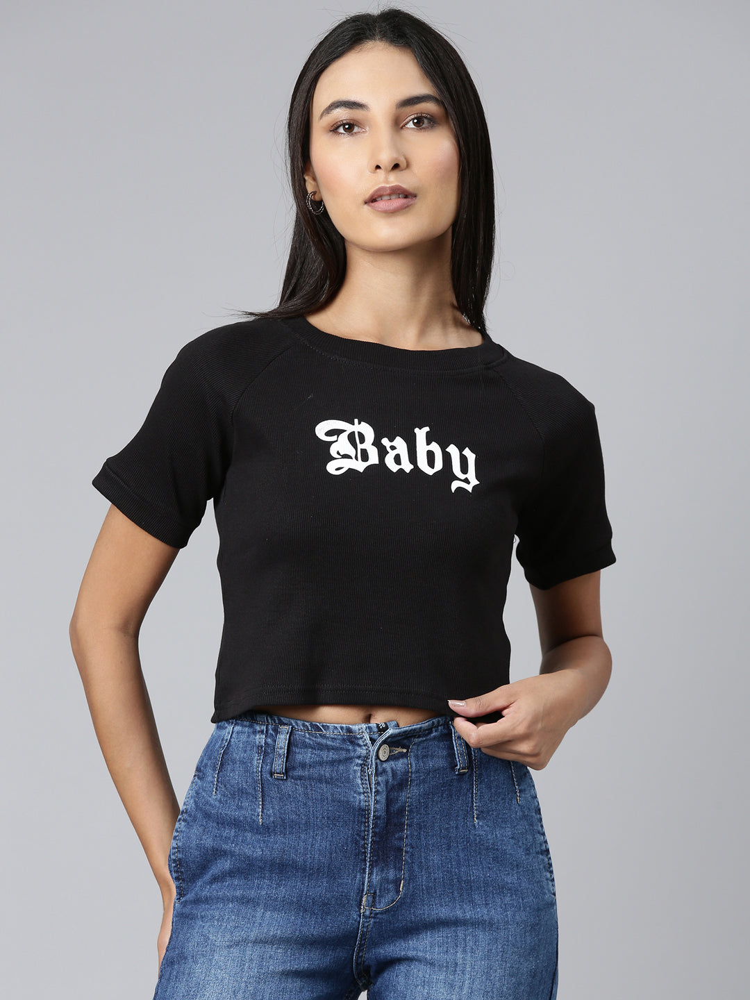 Women Black Typographic Crop Boxy Tshirt