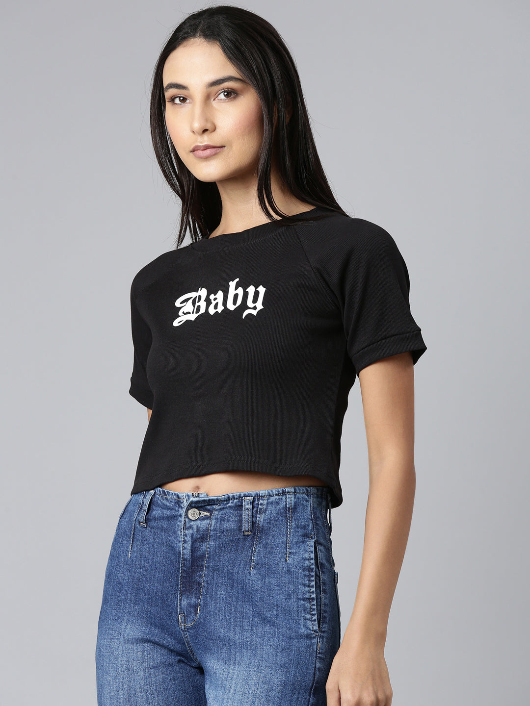 Women Black Typographic Crop Boxy Tshirt