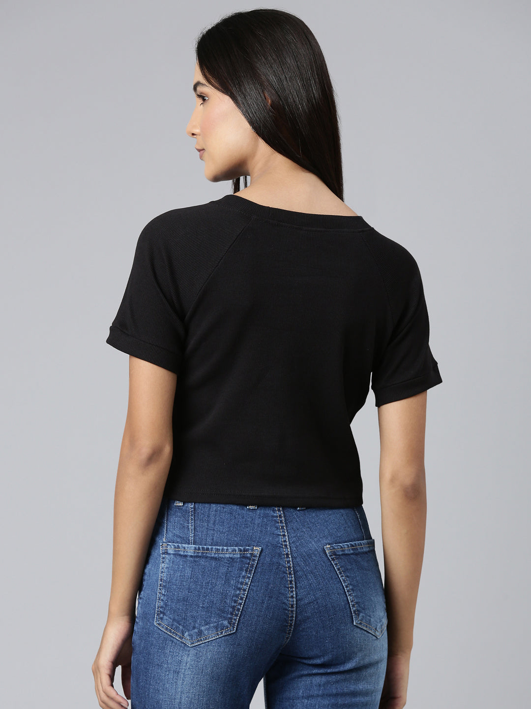 Women Black Typographic Crop Boxy Tshirt