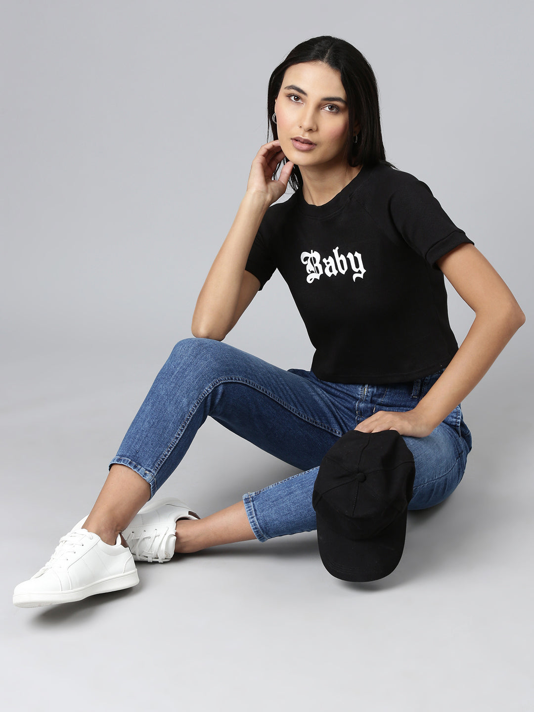 Women Black Typographic Crop Boxy Tshirt