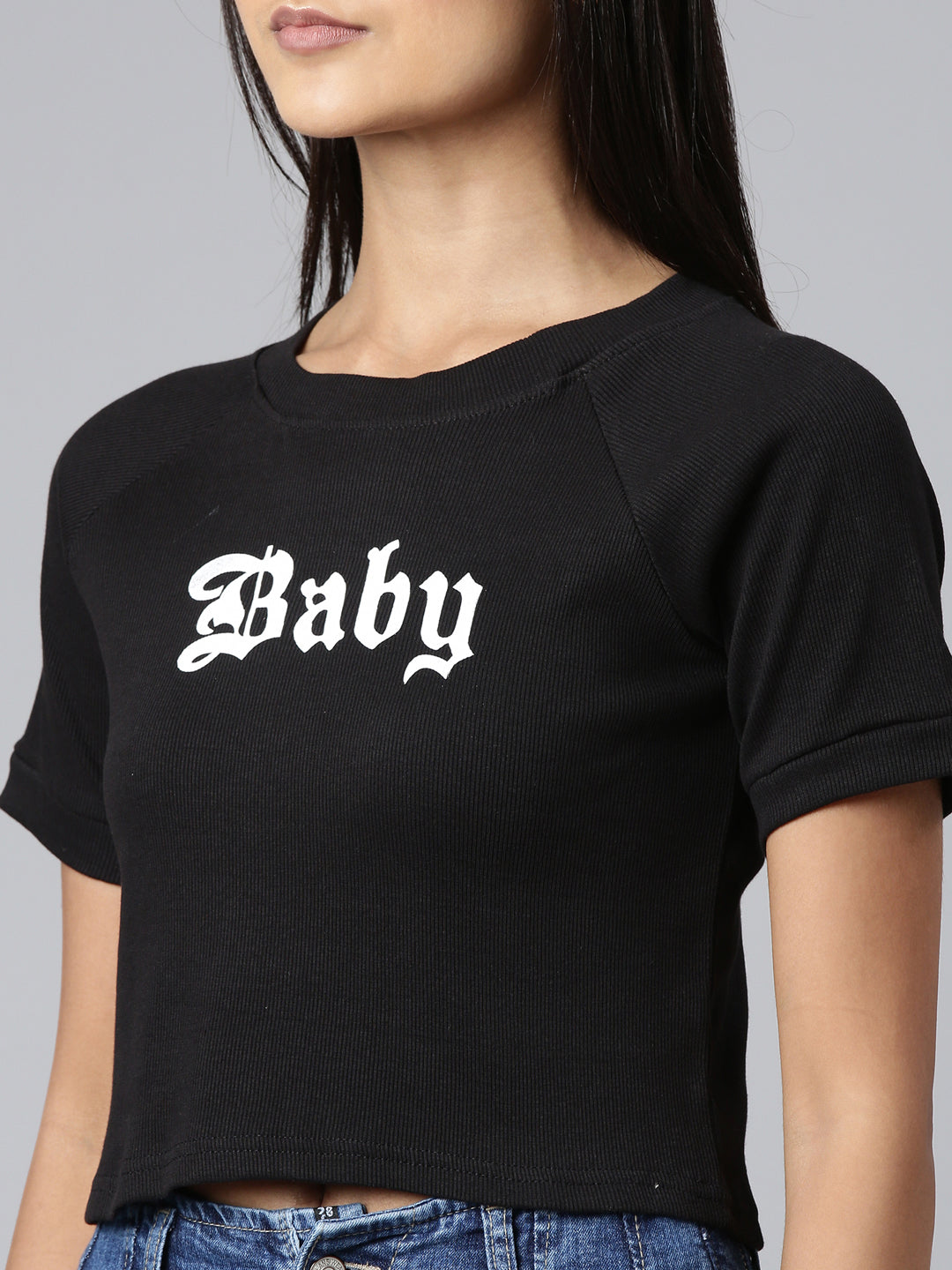 Women Black Typographic Crop Boxy Tshirt