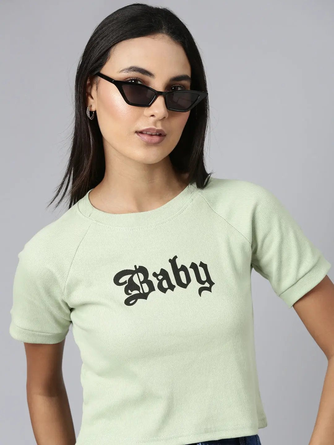Women's Green Typographic Crop Boxy T-Shirt