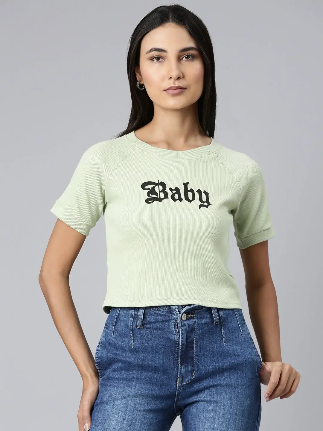 Women's Green Typographic Crop Boxy T-Shirt