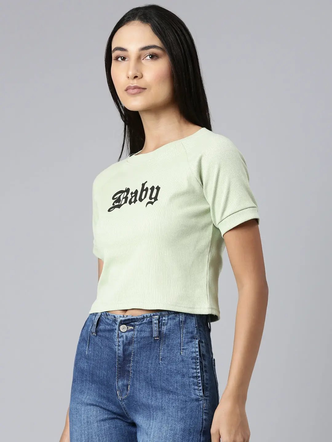 Women's Green Typographic Crop Boxy T-Shirt