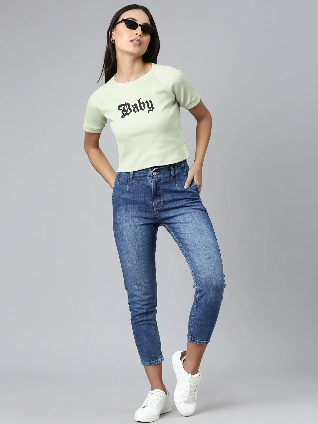Women's Green Typographic Crop Boxy T-Shirt
