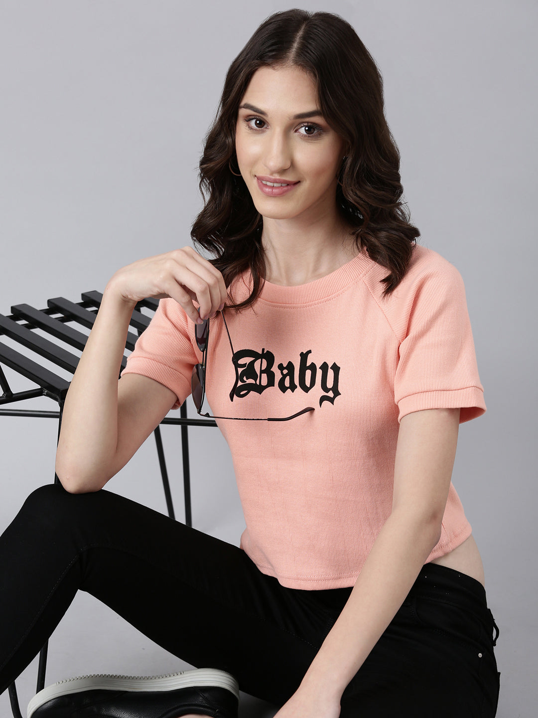 Women Peach Typographic Crop Boxy Tshirt