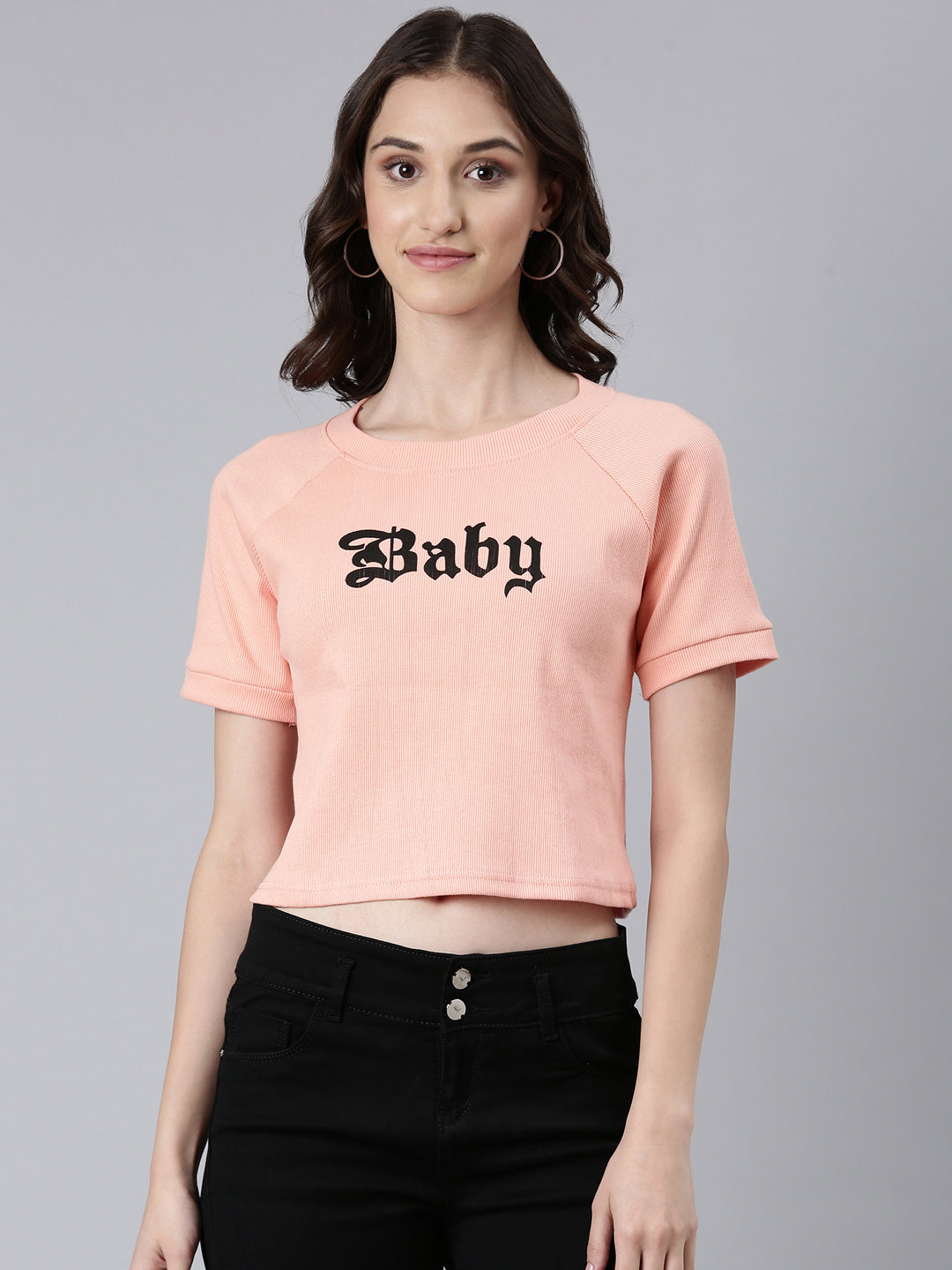 Women Peach Typographic Crop Boxy Tshirt