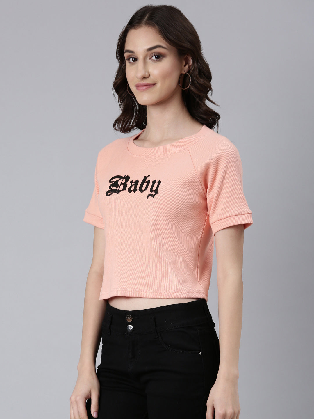 Women Peach Typographic Crop Boxy Tshirt