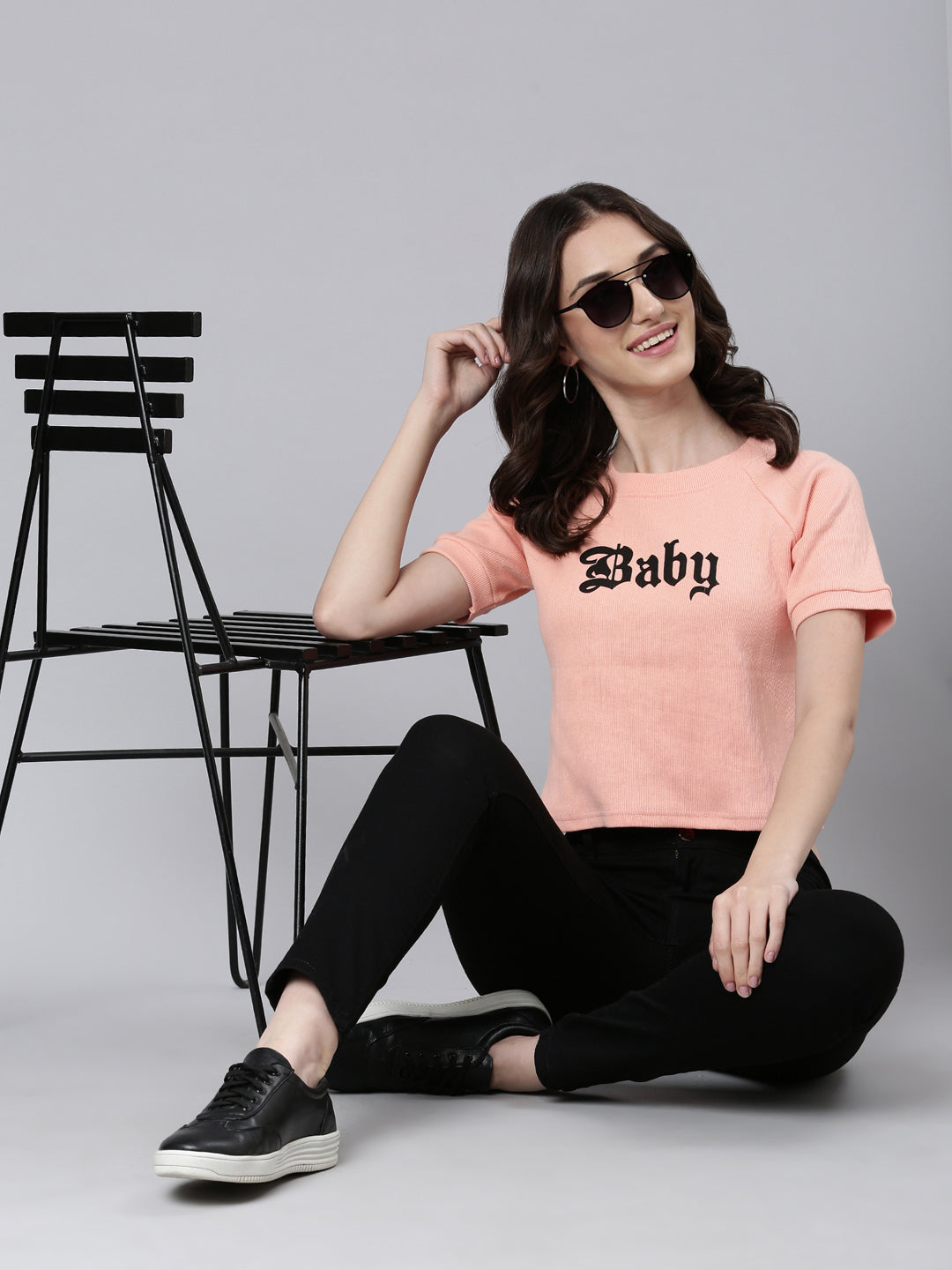 Women Peach Typographic Crop Boxy Tshirt