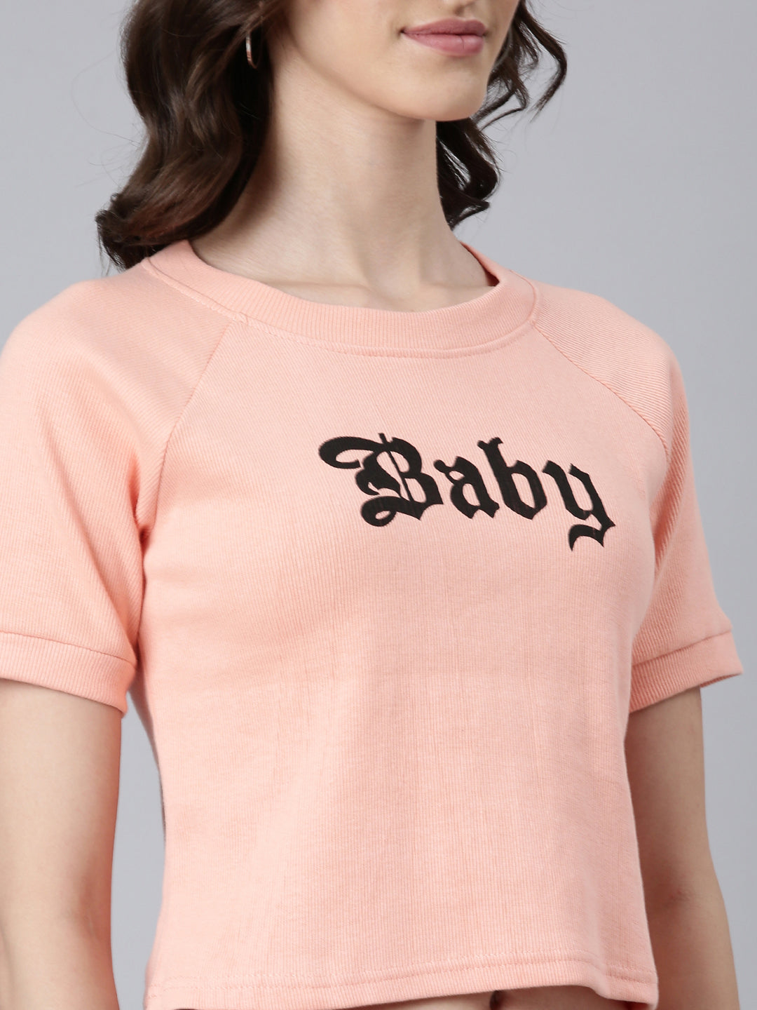 Women Peach Typographic Crop Boxy Tshirt