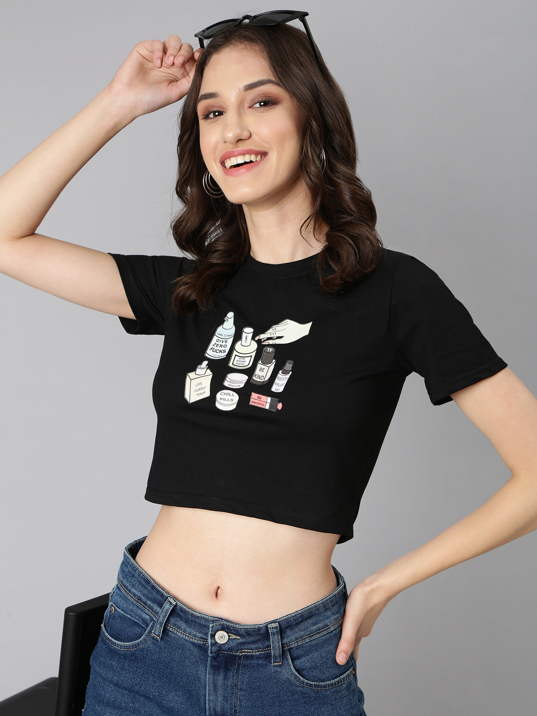 Women Black Typographic Crop Slim Fit Tshirt