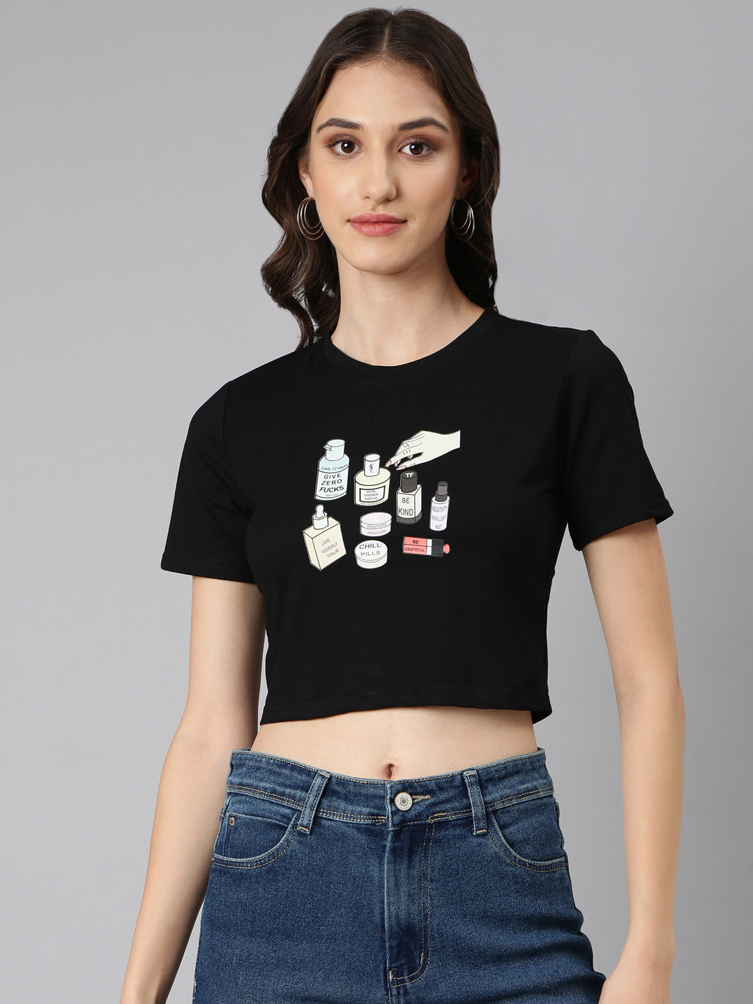 Women Black Typographic Crop Slim Fit Tshirt