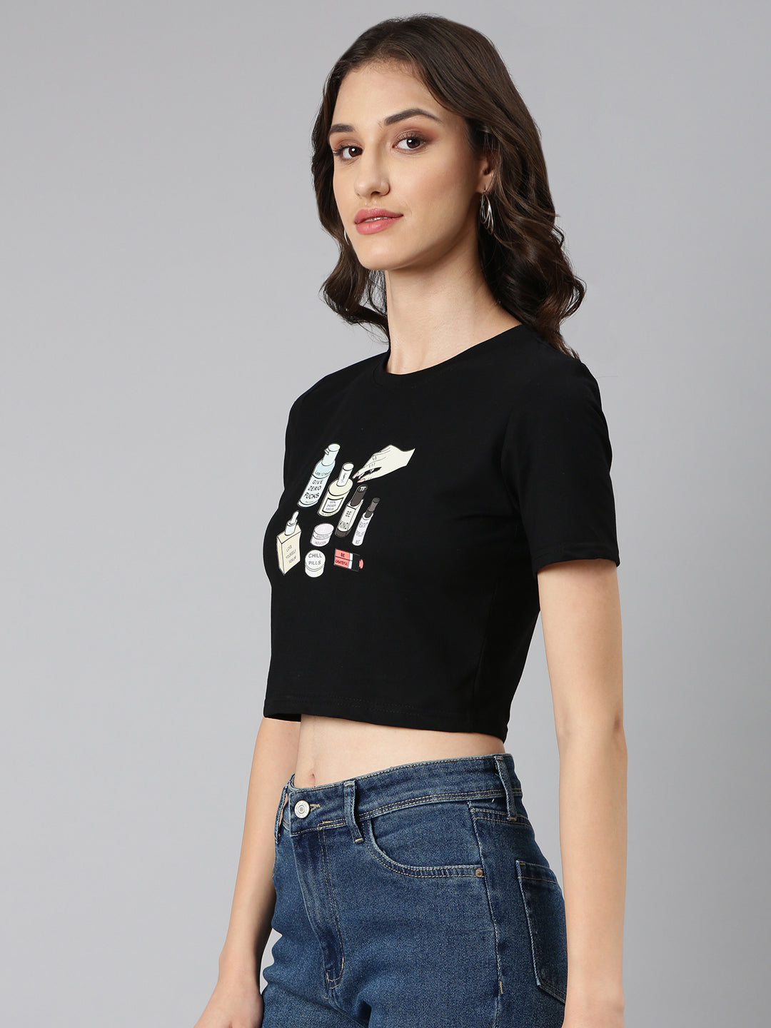 Women Black Typographic Crop Slim Fit Tshirt