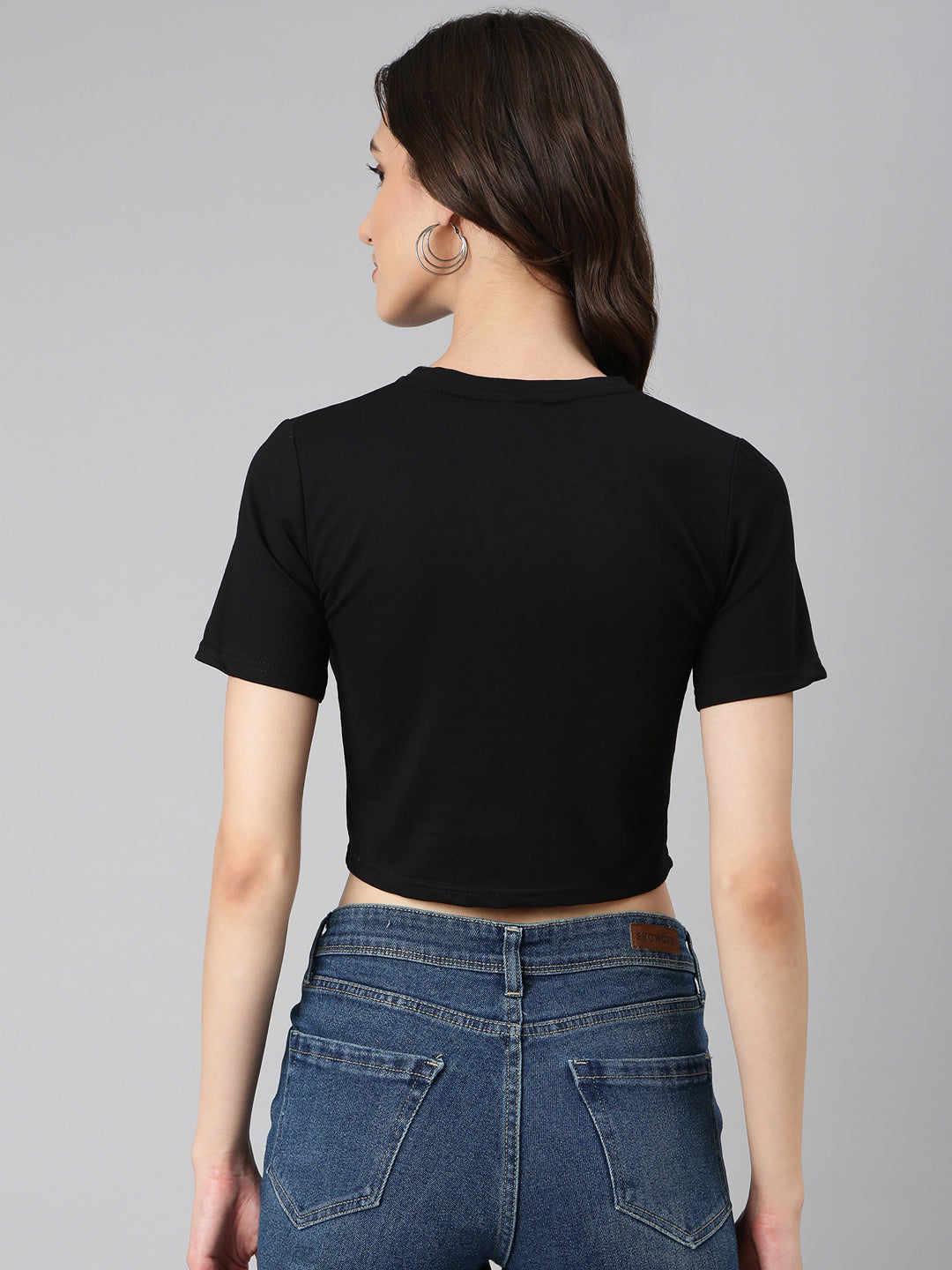 Women Black Typographic Crop Slim Fit Tshirt