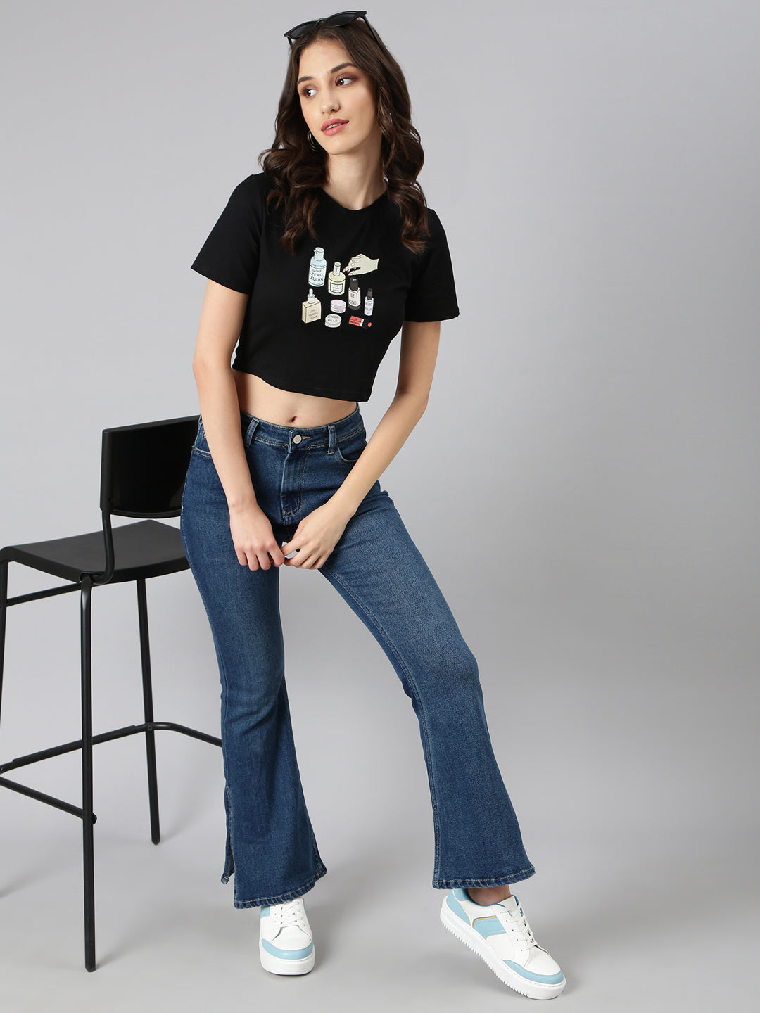 Women Black Typographic Crop Slim Fit Tshirt