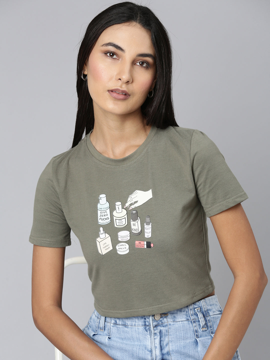 Women Olive Typographic Crop Slim Fit Tshirt