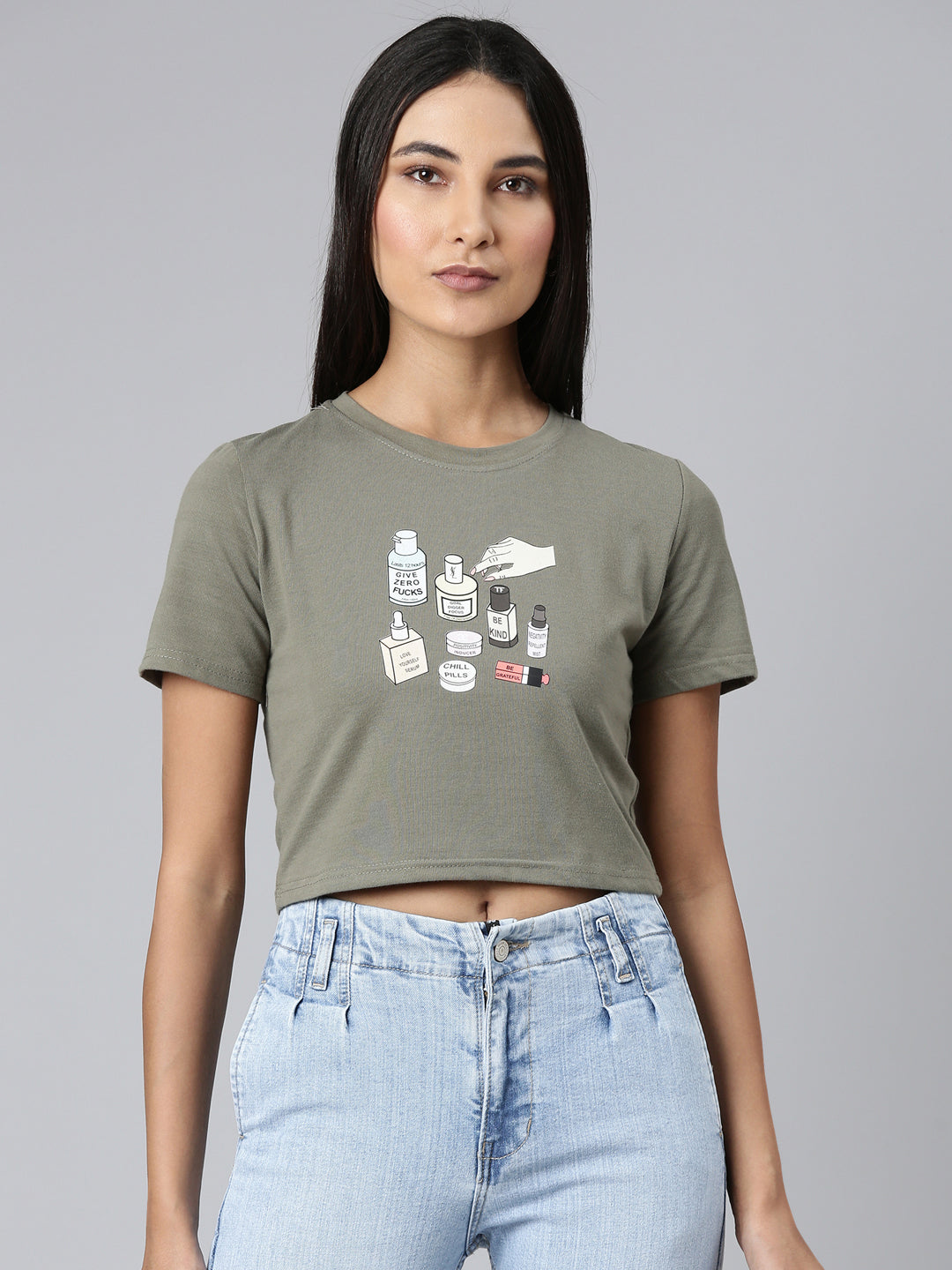 Women Olive Typographic Crop Slim Fit Tshirt