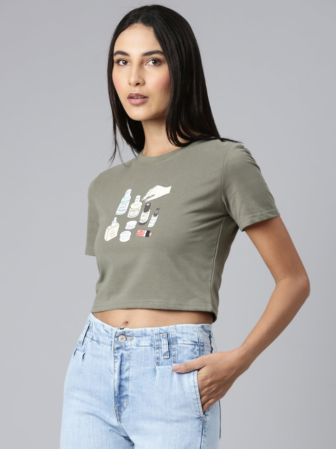 Women Olive Typographic Crop Slim Fit Tshirt