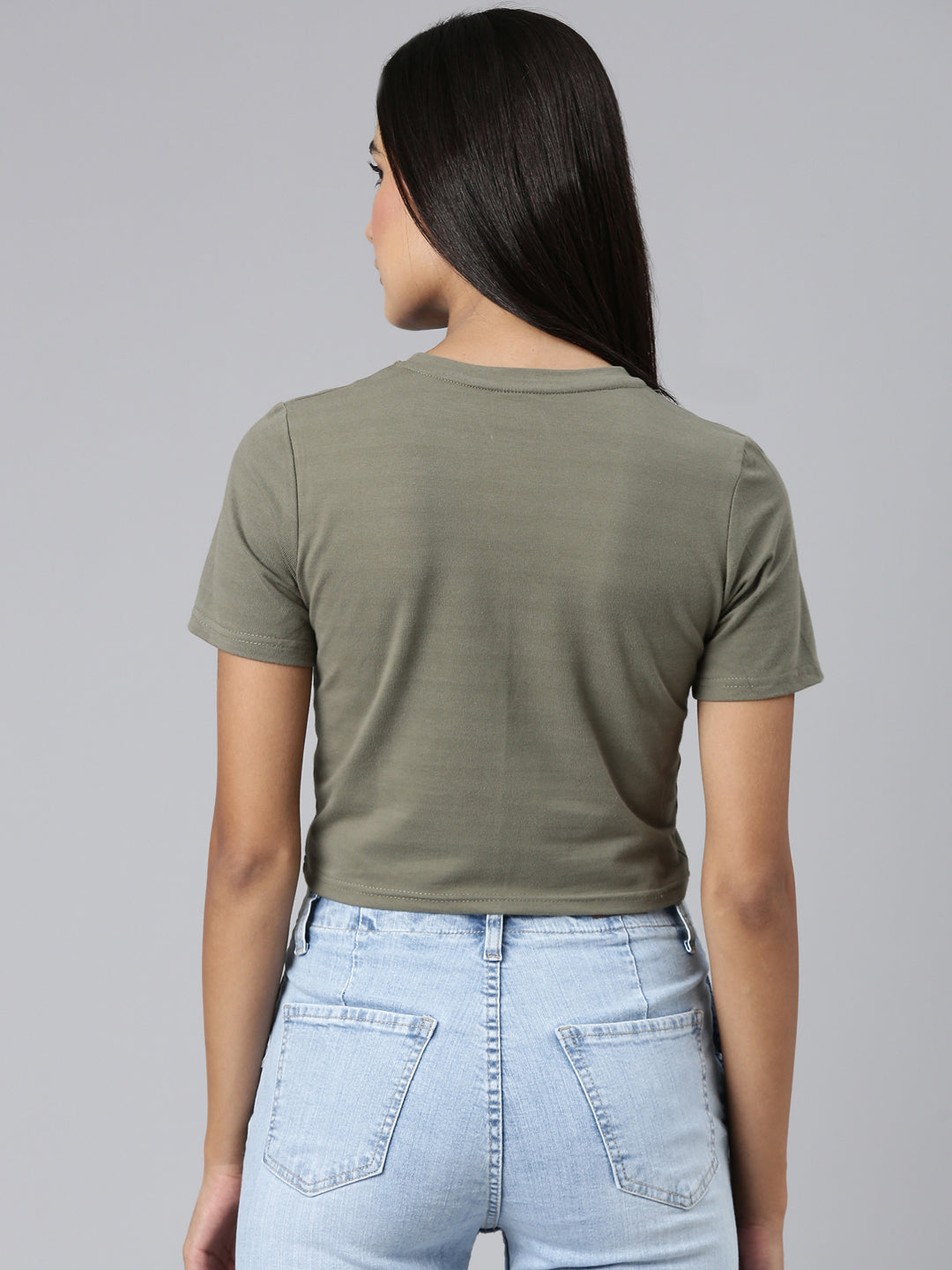 Women Olive Typographic Crop Slim Fit Tshirt