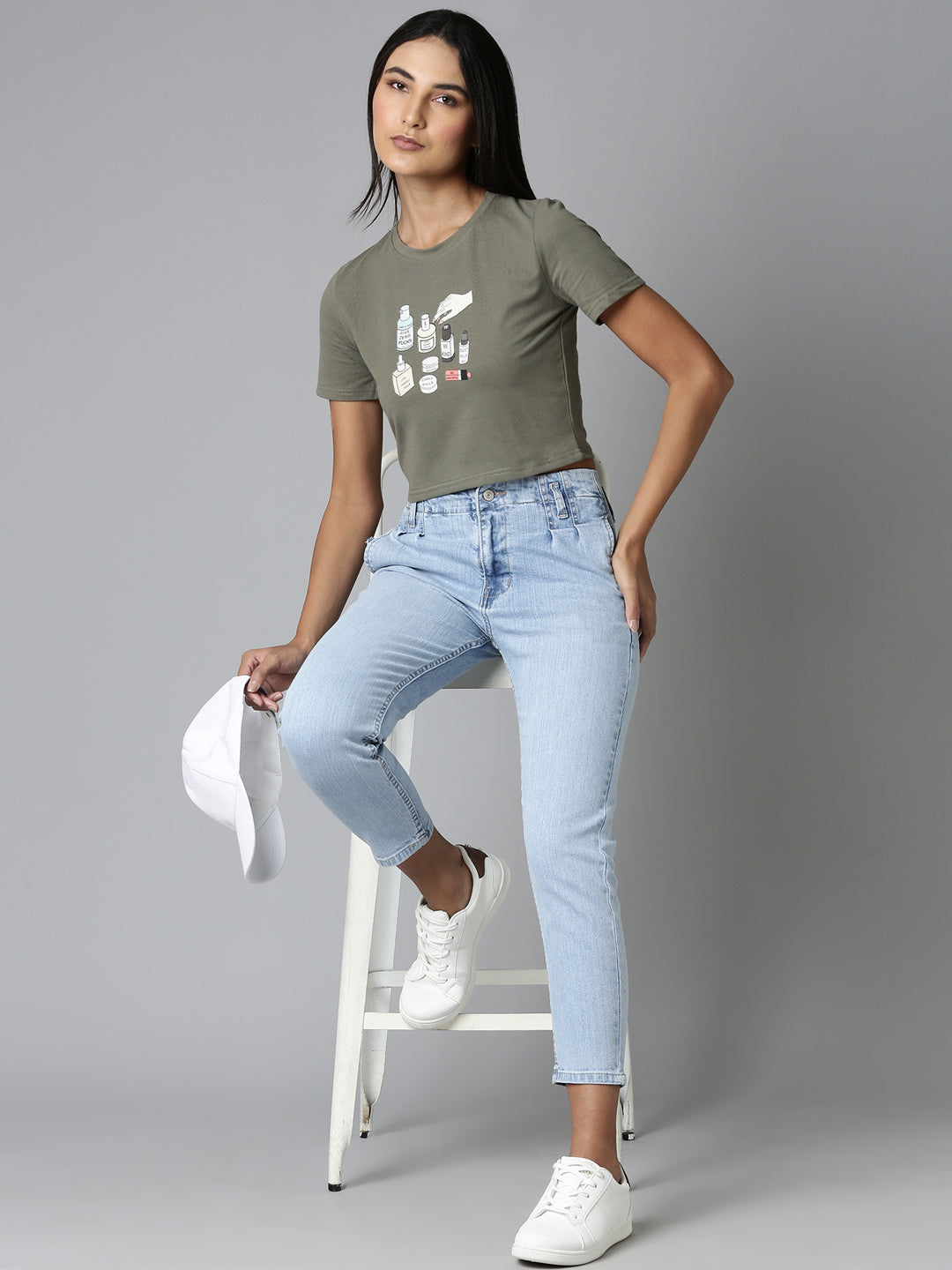 Women Olive Typographic Crop Slim Fit Tshirt