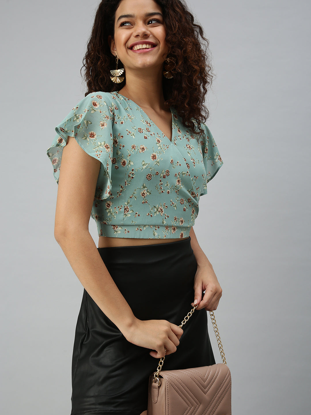 Women's Sea Green Floral Print Georgette Wrap Crop Top