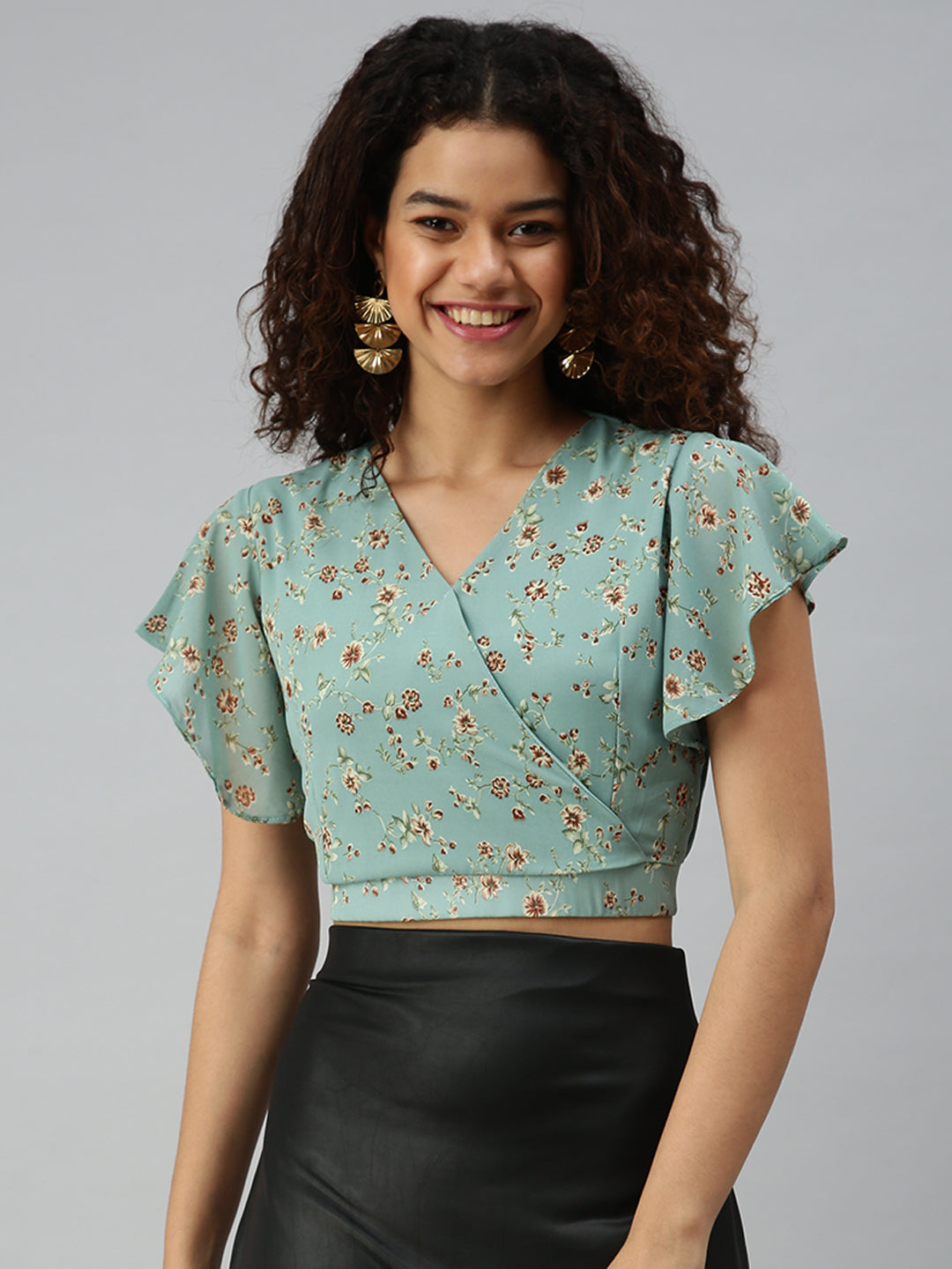 Women's Sea Green Floral Print Georgette Wrap Crop Top