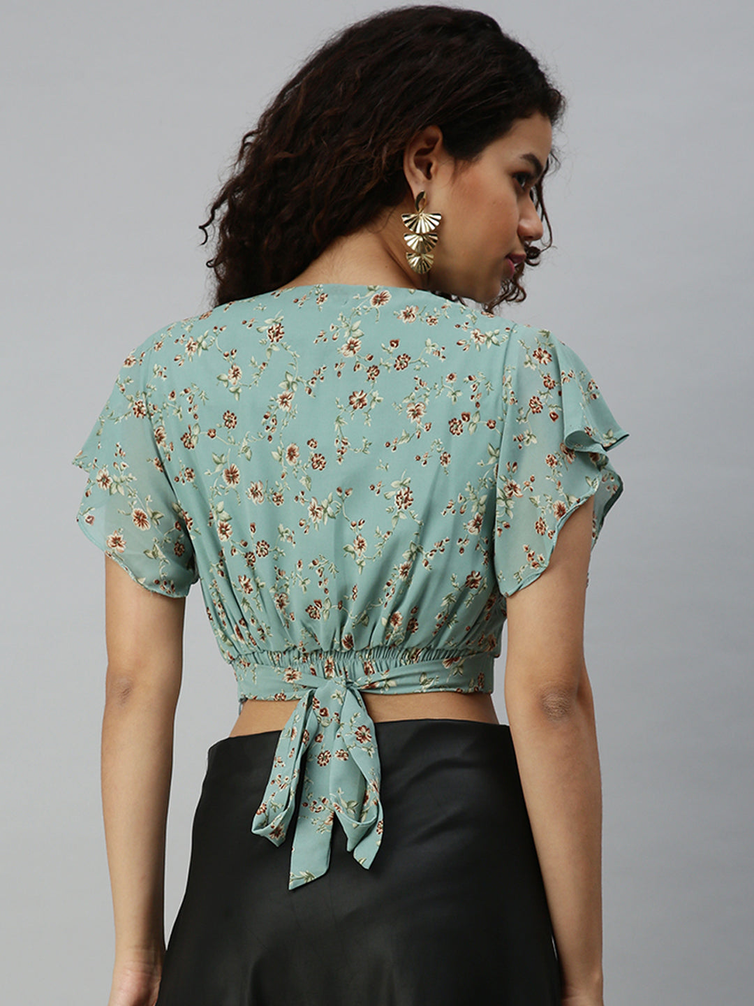 Women's Sea Green Floral Print Georgette Wrap Crop Top