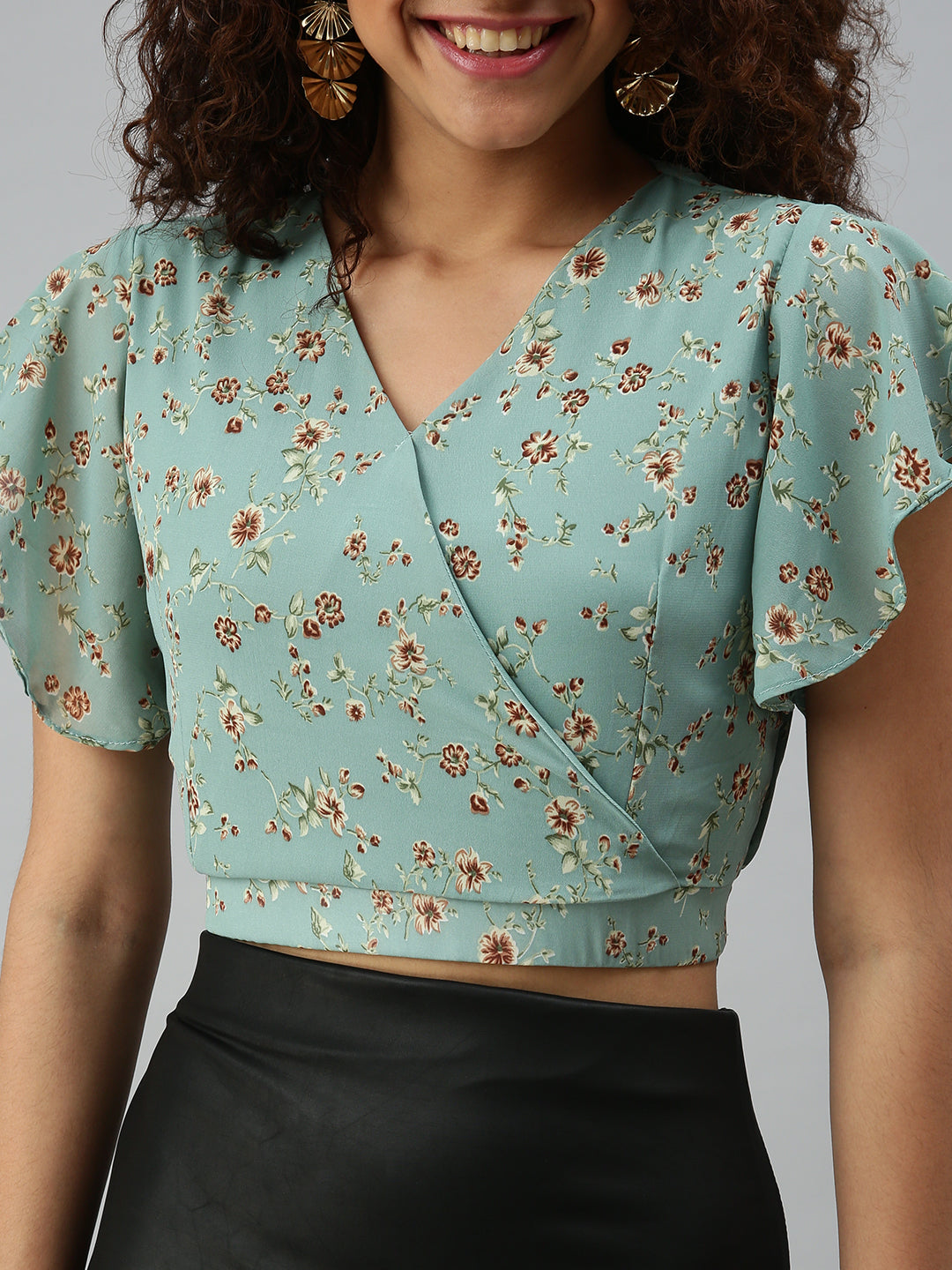 Women's Sea Green Floral Print Georgette Wrap Crop Top