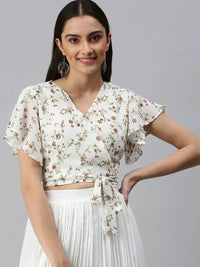 Women's White Floral Print Georgette Wrap Crop Top