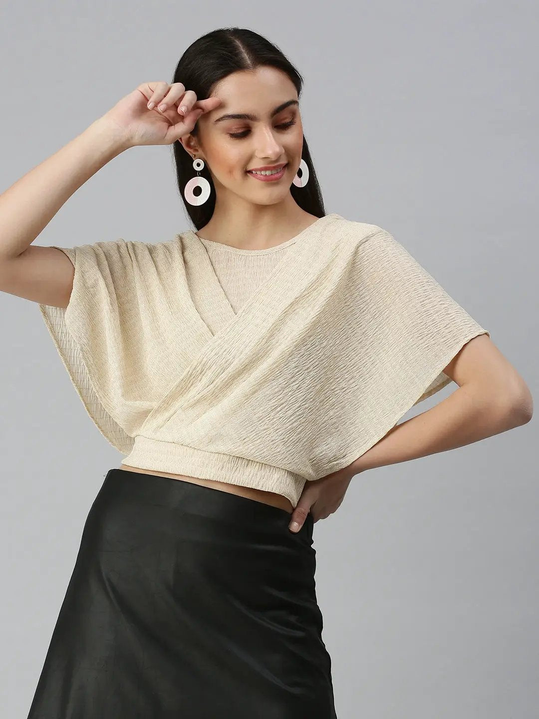 Women's Beige Self Design Crop Corset Top