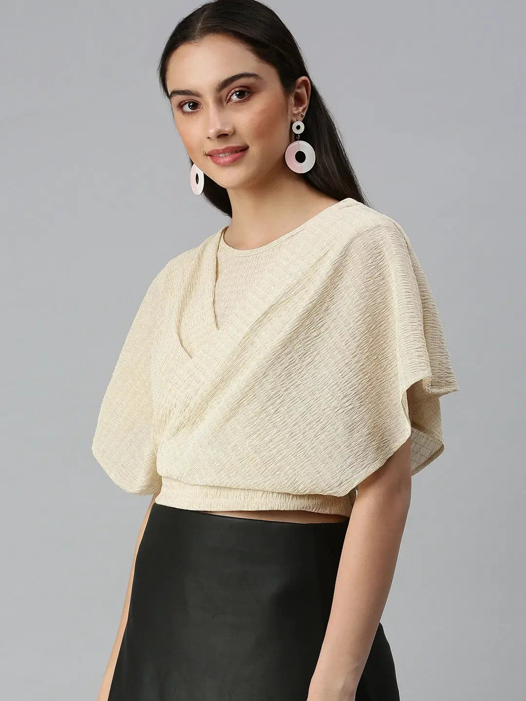 Women's Beige Self Design Crop Corset Top