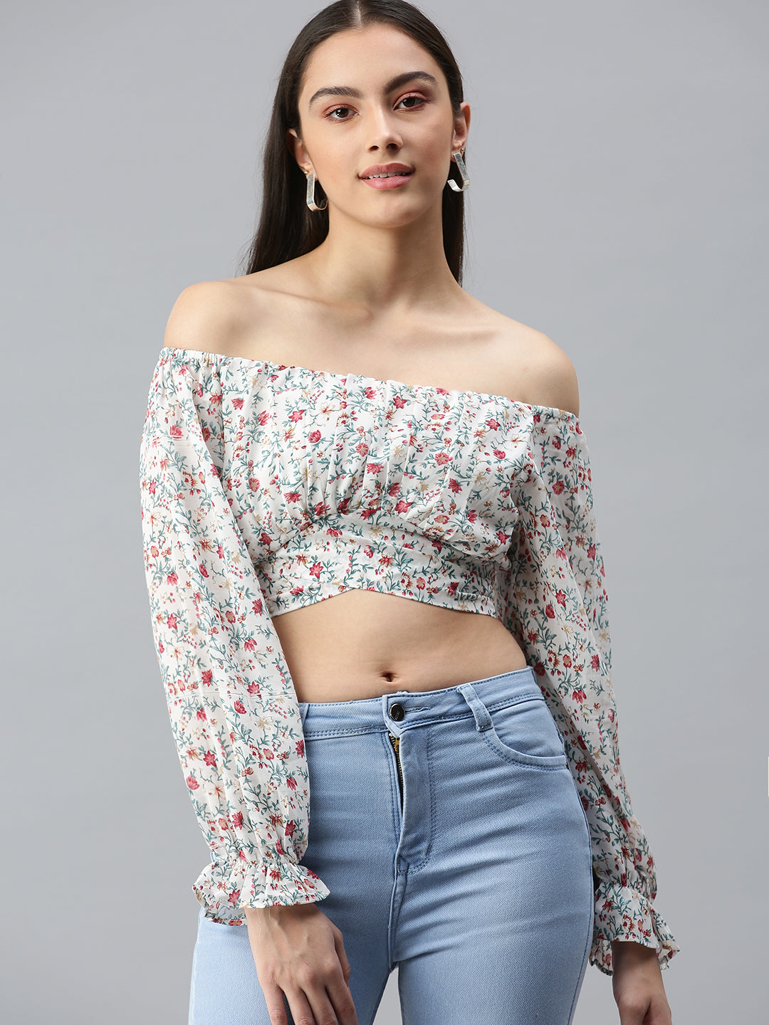 Women White Printed Crop Bardot Top