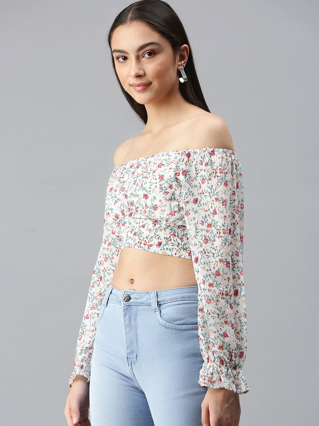 Women White Printed Crop Bardot Top