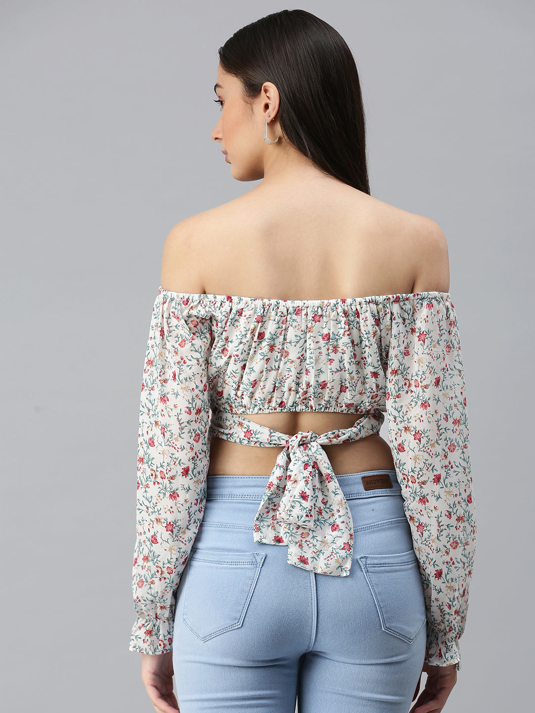 Women White Printed Crop Bardot Top