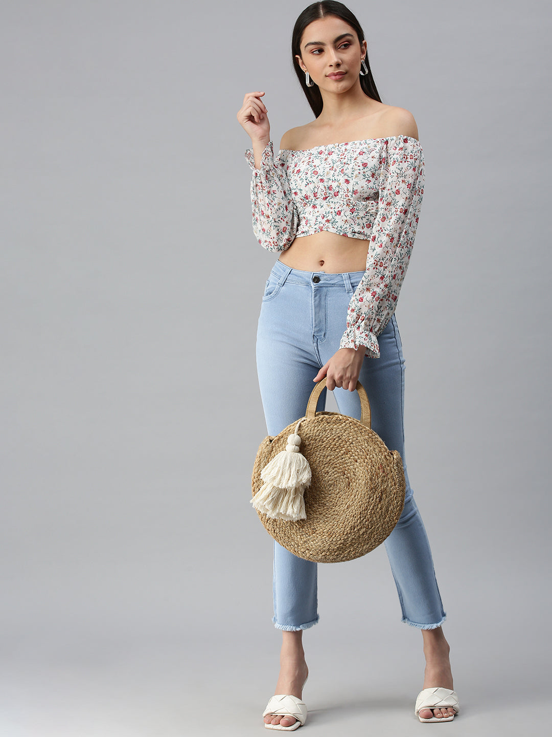 Women White Printed Crop Bardot Top