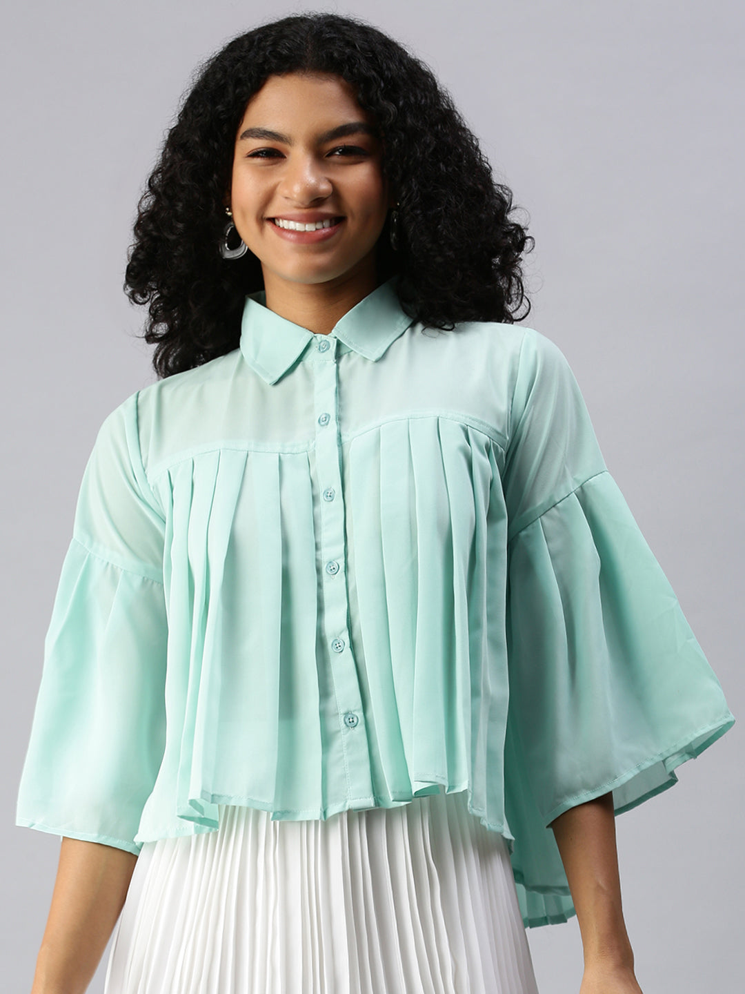 Women Sea Green Solid A-Line Top