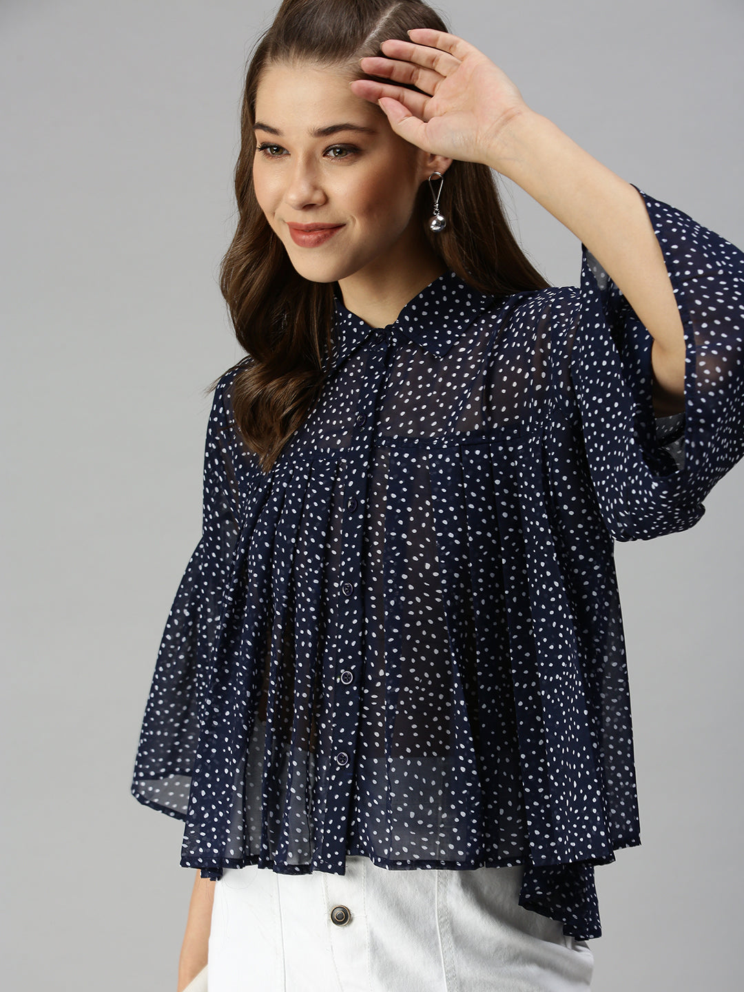 Women Navy Blue Self Design A-Line Top