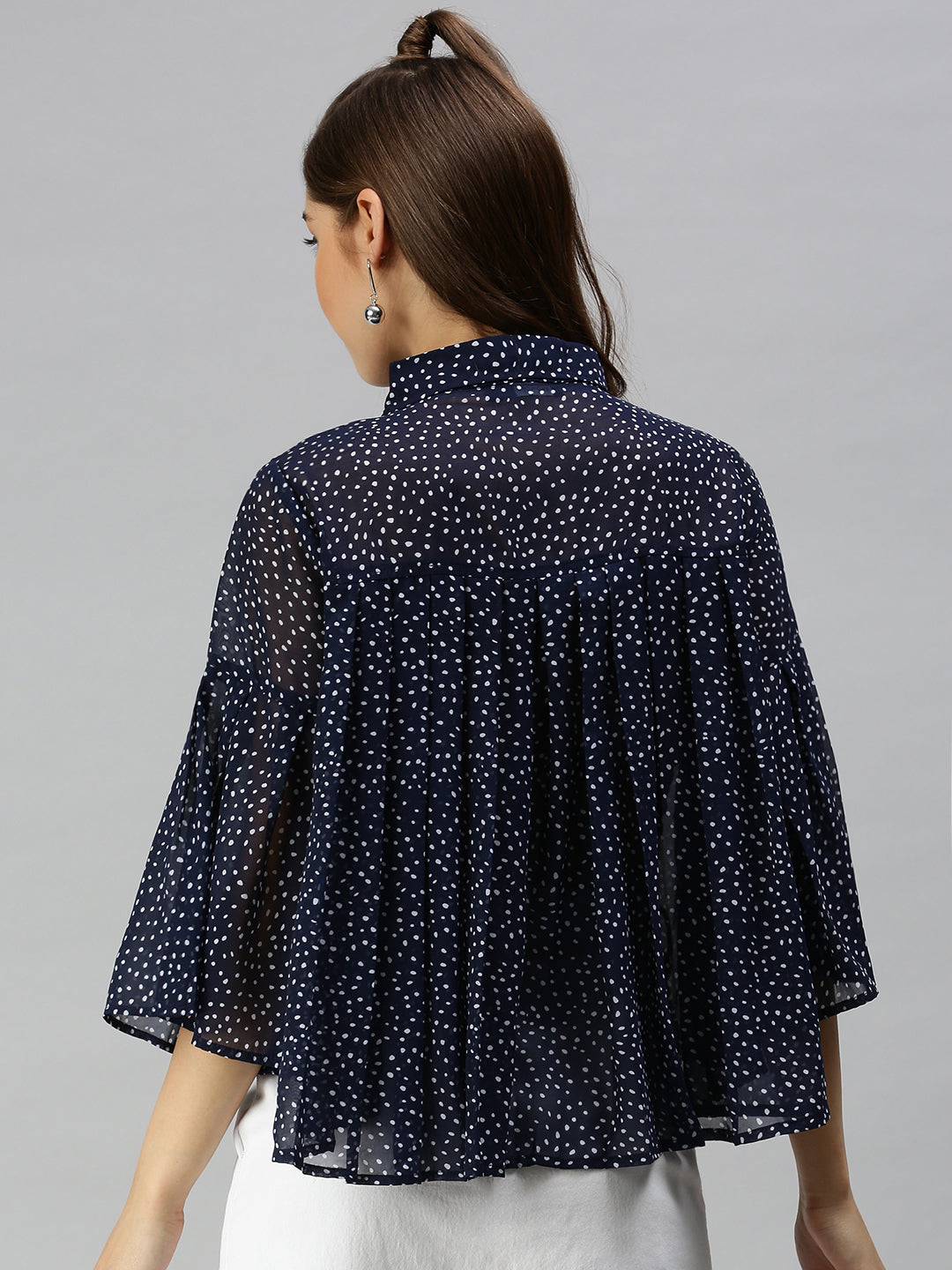 Women Navy Blue Self Design A-Line Top