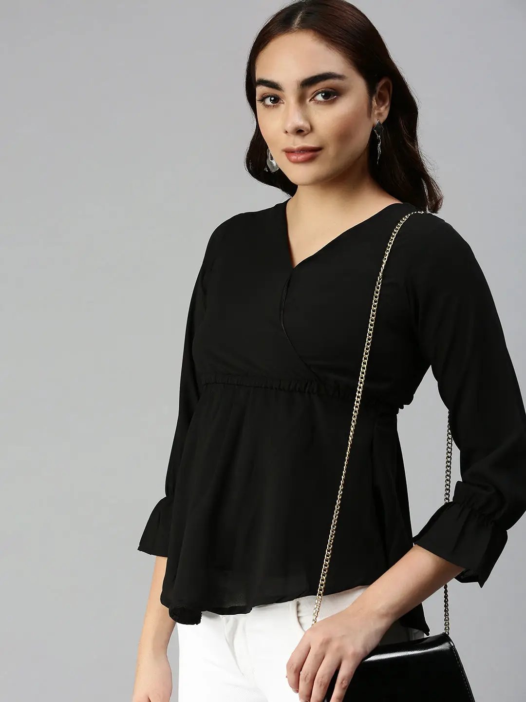 Women's Black Solid Peplum Top