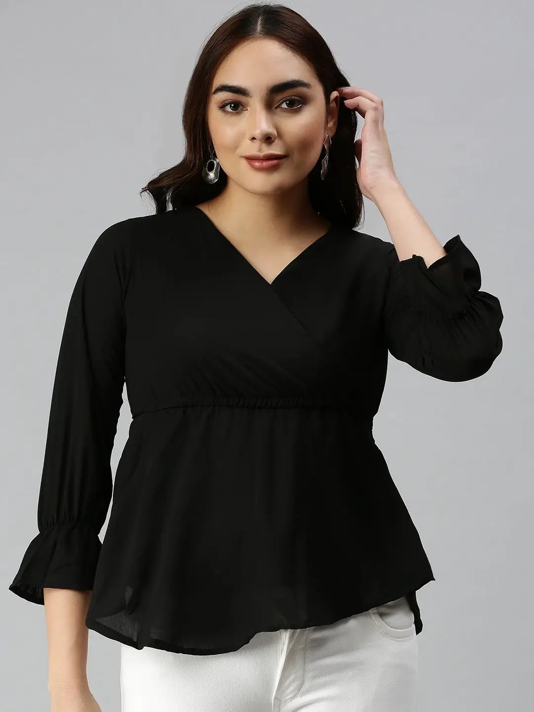 Women's Black Solid Peplum Top