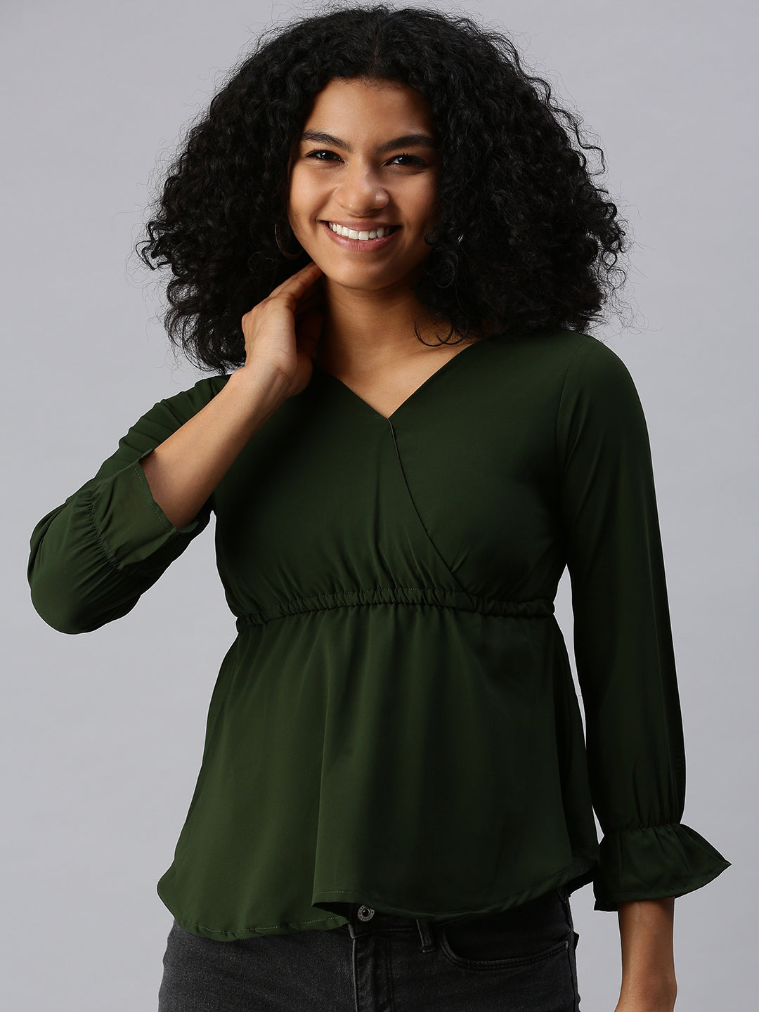 Women Olive Solid Peplum Top