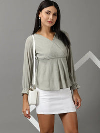 Women's Sea Green Self Design V-Neck Bishop Sleeves Wrap Top